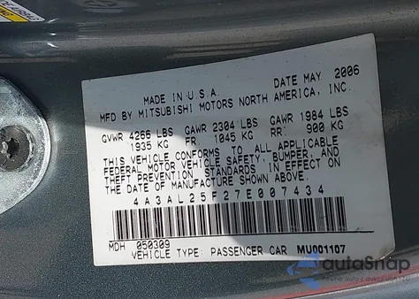 2007 Mitsubishi Eclipse Spyder Gs из США, поврежденный, VIN 4A3AL25F27E007434